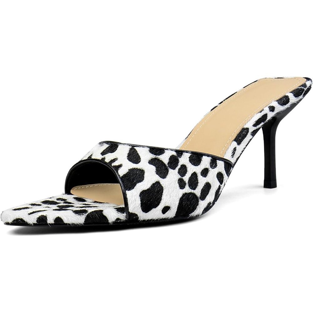 Women's Leopard White Open Toe Kitten Heels Pointed Toe Mule Slip On Elegant